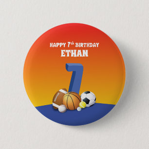 Badge Rond 5 Cm Nom personnalisé Garçon 7e anniversaire Sports B