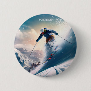 Badge Rond 5 Cm Nom personnalisé Skier de montagne