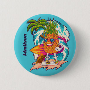 Badge Rond 5 Cm Nom personnalisé Surfing Pineapple