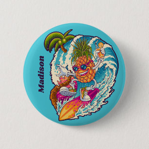 Badge Rond 5 Cm Nom personnalisé Surfing Pineapple