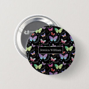 Badge Rond 5 Cm Nom personnel Élégant Papillons violets brillants
