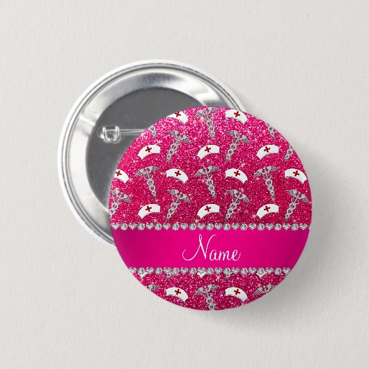 Badge Rond 5 Cm Nom rose rose parties scintillant infirmière casqu (Devant & derrière)