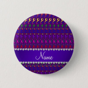 Badge Rond 5 Cm Nom violet arc-en-ciel gymnastique coeurs étoiles