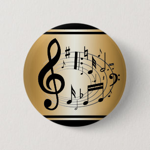Badge Rond 5 Cm Notes musicales noires en forme ovale sur or