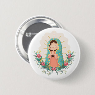 Badge Rond 5 Cm Notre-Dame de Guadalupe avec des fleurs Style Kawa