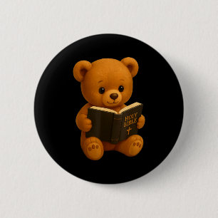 Badge Rond 5 Cm Nounours ours en peluche lisant une Bible chrétien