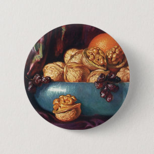 Badge Rond 5 Cm Nourriture vintage, noix et fruits dans un bol ble