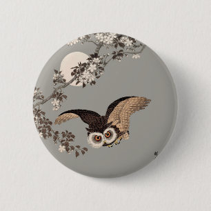 Badge Rond 5 Cm Nuit Japonaise Chouette Lune Bois Coupe Flying Nig