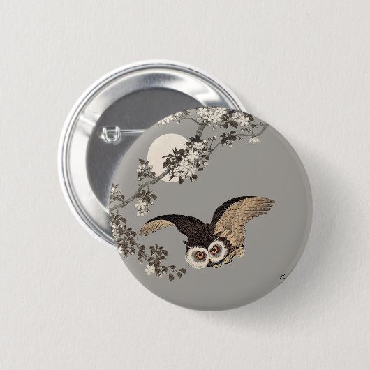 Badge Rond 5 Cm Nuit Japonaise Chouette Lune Bois Coupe Flying Nig (Devant & derrière)