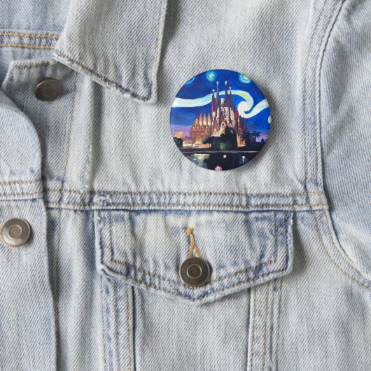 Badge Rond 5 Cm Nuits étoilées à Sagrada Familia à Barcelone (En situation)
