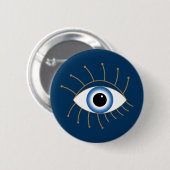 Badge Rond 5 Cm Oeil Mal Grec Avec Lashes Bleu Blanc Or (Devant & derrière)