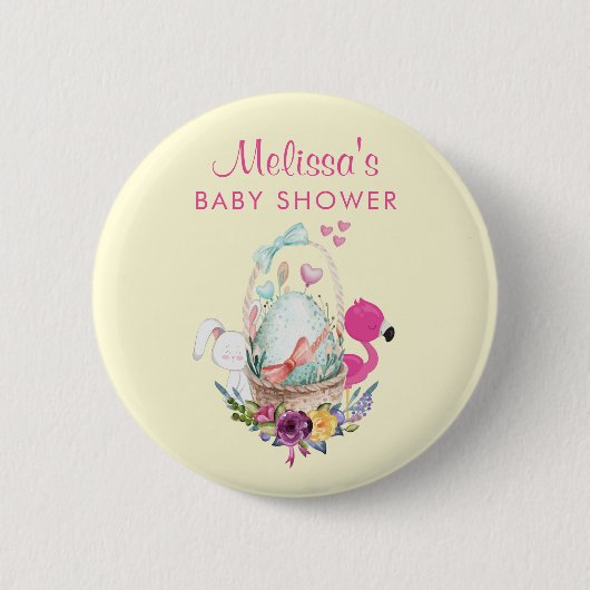 Badge Rond 5 Cm Oeuf mignon, Flamant rose rose et lapin, Aquarelle (Devant)