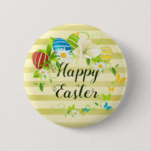 Badge Rond 5 Cm Oeufs de Pâques Fleurs de printemps et mouches à