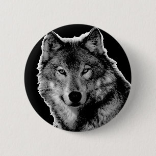Badge Rond 5 Cm Oeuvre de Loup noir et blanc