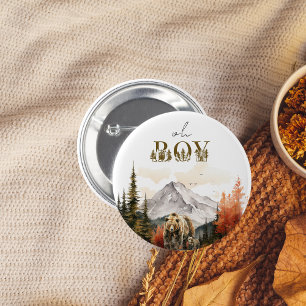 Badge Rond 5 Cm Oh Garçon Baby Shower Ours Montagne Bois Rustique