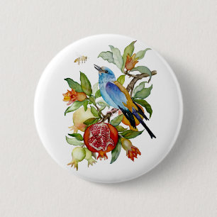 Badge Rond 5 Cm Oiseau bleu parmi les grenades Botanique à l'aquar