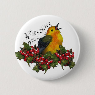 Badge Rond 5 Cm Oiseau de Noël chantant avec Hollly, baies