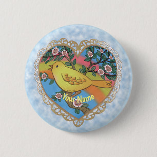 Badge Rond 5 Cm Oiseau du coeur jaune