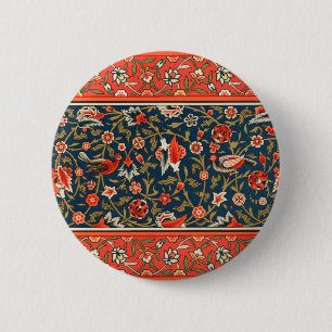 Badge Rond 5 Cm Oiseau et fleurs Perse Motif bleu rouge