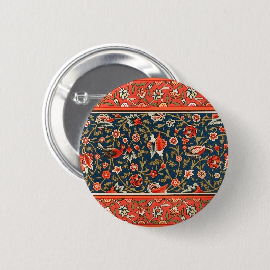Badge Rond 5 Cm Oiseau et fleurs Perse Motif bleu rouge (Devant & derrière)
