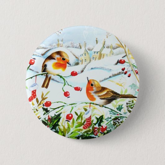 Badge Rond 5 Cm Oiseau Robin Couple Winter Holly Noël (Devant)