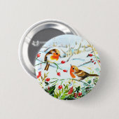 Badge Rond 5 Cm Oiseau Robin Couple Winter Holly Noël (Devant & derrière)