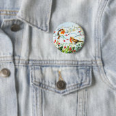 Badge Rond 5 Cm Oiseau Robin Couple Winter Holly Noël (En situation)