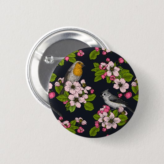 Badge Rond 5 Cm Oiseaux et fleurs en noir (Devant & derrière)