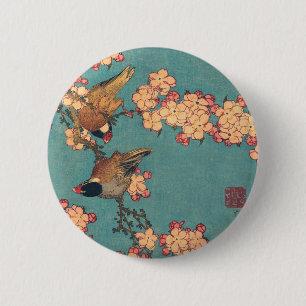 Badge Rond 5 Cm Oiseaux et fleurs japonais Art rose floral
