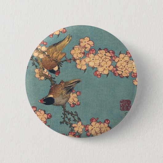 Badge Rond 5 Cm Oiseaux et fleurs japonais Art rose floral (Devant)