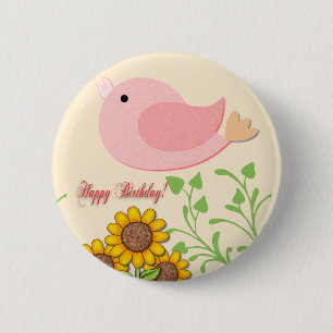 Badge Rond 5 Cm Oiseaux et tournesols Anniversaire