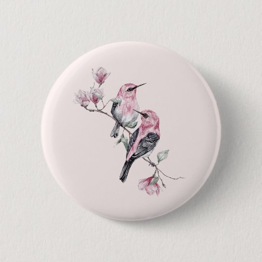 Badge Rond 5 Cm Oiseaux roses et noirs sur une branche d'arbre (Devant)