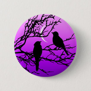 Badge Rond 5 Cm Oiseaux sur une branche, Noir contre le crépuscule