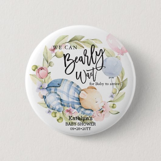 Badge Rond 5 Cm On Peut Attendre Le Baby shower Teddy Bear Garçon (Devant)