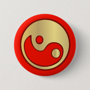 Badge Rond 5 Cm Or de Yin Yang et bouton rouge