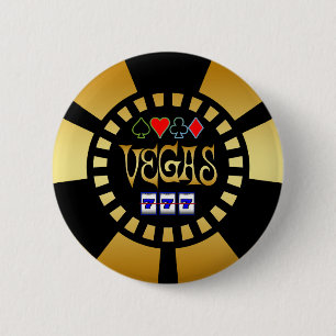 BADGE ROND 5 CM OR ET JETON DE POKER NOIR DE VEGAS