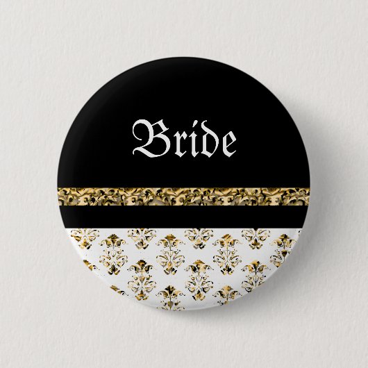 Badge Rond 5 Cm Or noir blanc mariage damassé (Devant)