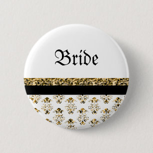 Badge Rond 5 Cm Or noir blanc mariage damassé