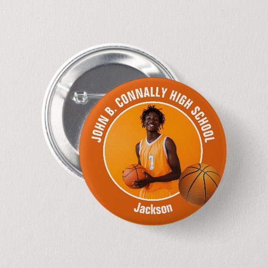 Badge Rond 5 Cm Orange Basketball Player Photo High School Spirit (Devant & derrière)