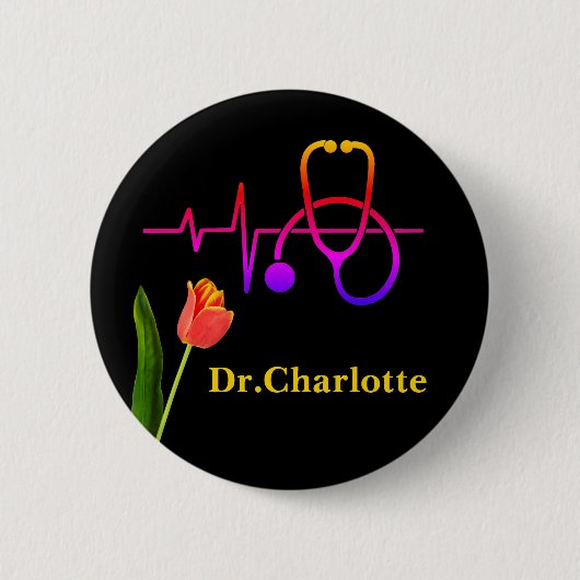 Badge Rond 5 Cm Orange Tulip Heartbeat Stethoscope Médicale (Devant)