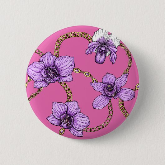Badge Rond 5 Cm Orchidées et chaînes, violet et rose (Devant)
