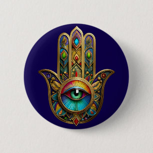 Badge Rond 5 Cm Orné Hamsa Coloré Or Sur Fond Rouge Troisième Œil 