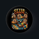 Badge Rond 5 Cm Otter Chaos<br><div class="desc">A playful illustration of mischievous otters splashing in water while enjoying snacks,  toys,  and summer fun in a burst of joyful chaos.</div>