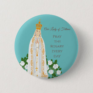 Badge Rond 5 Cm Our Lady of Fatima and white roses