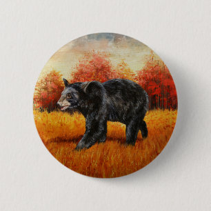 Badge Rond 5 Cm Ours noir en forêt d'automne