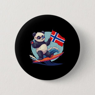 Badge Rond 5 Cm Ours Panda Surfant Norvège Drapeau Norvégien Norvé