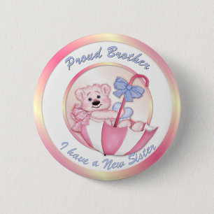 Badge Rond 5 Cm Ours Parapluie - Frère - Fille