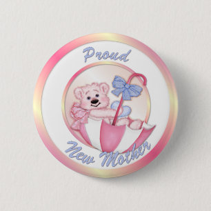 Badge Rond 5 Cm Ours Parapluie - Nouvelle Maman - Fille