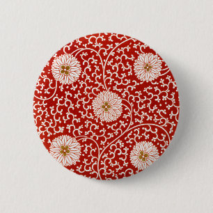 Badge Rond 5 Cm Owen Jones Ornement Chinois Fleurs Rouges et Blanc