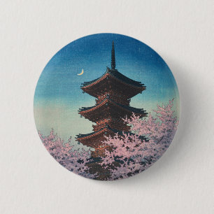 Badge Rond 5 Cm Pagode de printemps japonaise vintage en gravure s